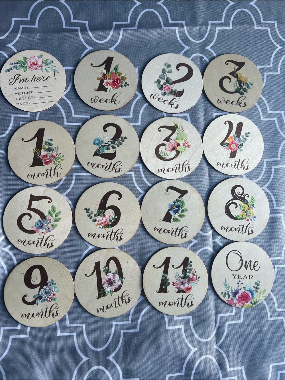 Floral Baby Milestone Wooden Photo Discs - Neutral Pink & Green